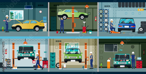 Mechanic is fixing cars in the garage with tools.