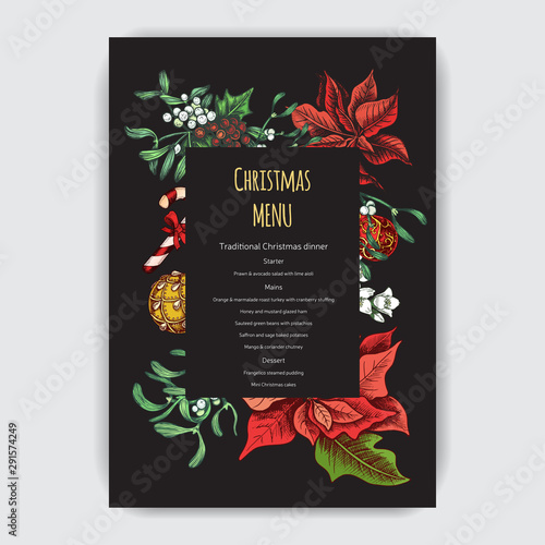 Vector illustration sketch - Greeting cards and holiday design. Vintage Xmas Menu. Christmas hand drawn Decorations - fur tree for xmas design. With balls, toys, mistletoe and fir-cone.