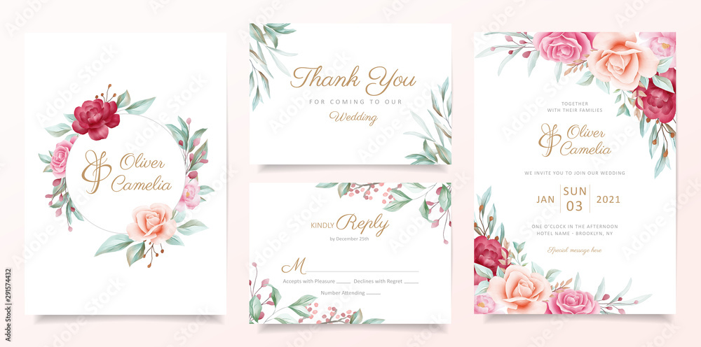 Wedding invitation card template set with watercolor floral frame and border. Greenery floral border save the date, invitation, greeting, respond , thank you cards vector