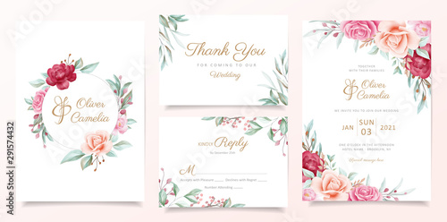 Wedding invitation card template set with watercolor floral frame and border. Greenery floral border save the date, invitation, greeting, respond , thank you cards vector
