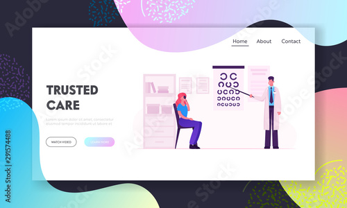 Professional Optician Exam Website Landing Page. Ophthalmologist Doctor Check Eyesight. Oculist with Pointer Checkup Eye Sight for Treatment Vision Web Page Banner. Cartoon Flat Vector Illustration