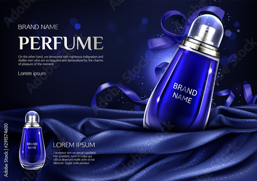 Perfume bottle on silk folded fabric background. Glass flask with dark blue liquid, packaging design mock up. Scent fragrance cosmetic beauty product, promo ad banner. Realistic 3d vector illustration
