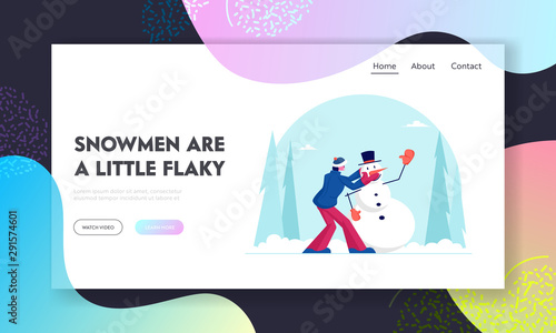 Traditional Winter Activity Website Landing Page. Man Build Snowman on Street Having Fun and Recreational Activity in Park or Nature at Snowy Weather Web Page Banner. Cartoon Flat Vector Illustration