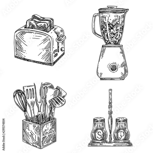 Set of kitchen tools. Toaster, blender, tableware in wooden box and salt with pepper. Sketch. Engraving style. Vector illustration.