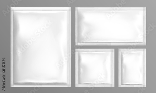 Sachet set. Pouch foil paper or plastic bags isolated on transparent background. Different size square and rectangle doy packs, blank product packaging mockup Realistic 3d vector illustration clip art