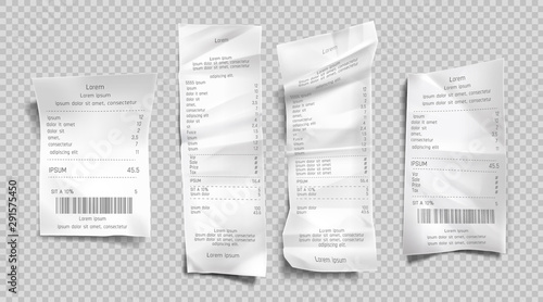 Receipt invoice, paper bill, cash purchase set isolated on transparent background. Supermarket shopping retail sum check and total cost store sale payment blank. Realistic 3d vector illustration