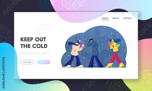 Wintertime Season Website Landing Page. People Dwellers in Warm Clothes Walking on Street in Cold Weather with Snow and Wind on Cityscape Background Web Page Banner. Cartoon Flat Vector Illustration