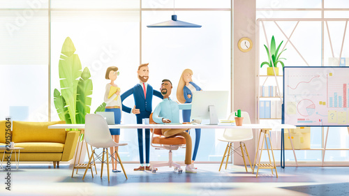 A team of employees works on the computer. Modern office. 3d illustration. Cartoon characters. Business teamwork concept. 