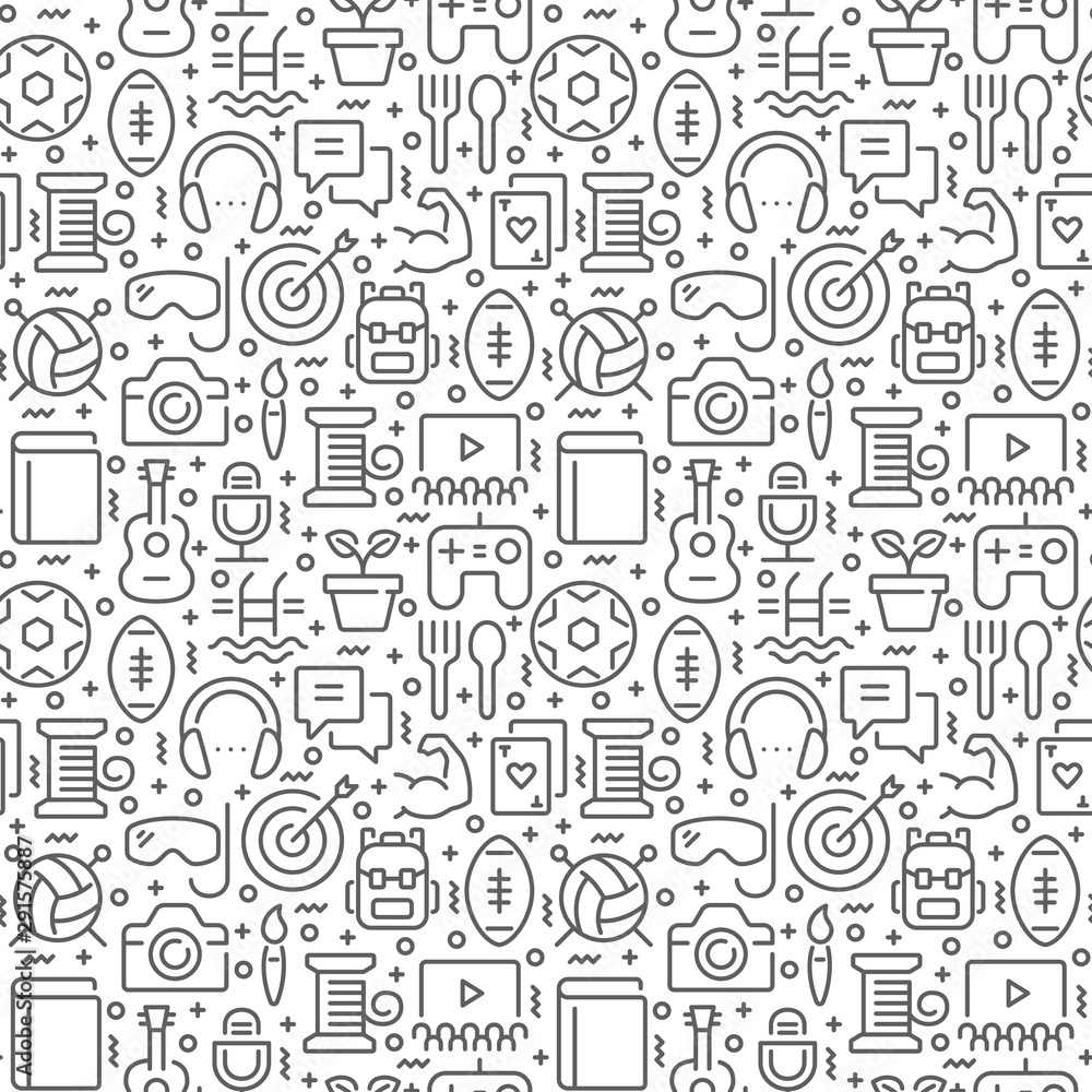 Hobbies related seamless pattern with thin line icons