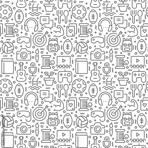 Hobbies related seamless pattern with thin line icons