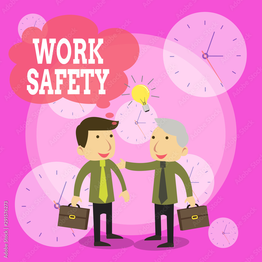 Conceptual hand writing showing Work Safety. Concept meaning Policies and control in place according to government standard Businessmen Colleagues with Brief Case Sharing Idea Solution Conceptual hand writing showing Work Safety. Concept meaning Policies and control in place according to government standard Businessmen Colleagues with Brief Case Sharing Idea Solution
