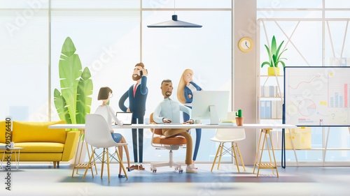 Concept of creative team. Modern office. 3d illustration. Cartoon characters. Business teamwork concept. 