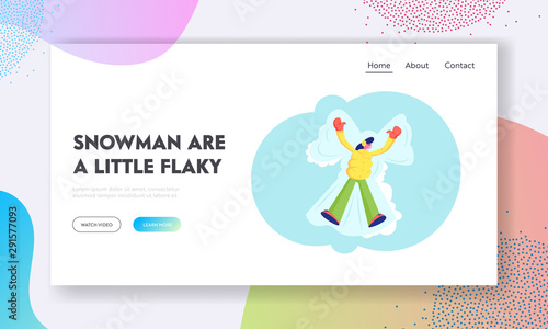 Winter Entertainments and Fun Recreation Website Landing Page. Happy Woman Enjoy First Snowfall Lying in Snow Moving Arms and Legs Making Snow Angel Web Page Banner. Cartoon Flat Vector Illustration