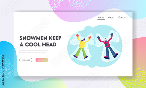 People Have Wintertime Fun Website Landing Page. Young Woman and Man Wearing Warm Clothes Lying on Ground Making Snow Angel. Winter Time Holidays Web Page Banner. Cartoon Flat Vector Illustration
