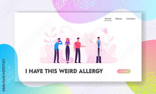Allergy Concept Website Landing Page. Sick Patients Visiting Doctor. Intolerance Persons Illness with Cough, Cold Sneeze Symptoms. Allergen Pharmacy Web Page Banner. Cartoon Flat Vector Illustration