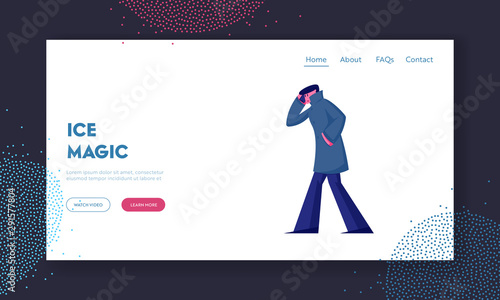 Wintertime Season Website Landing Page. City Dweller Male Character Wearing Warm Coat Walking by Street Speaking by Mobile Phone at Cold Weather Web Page Banner. Cartoon Flat Vector Illustration