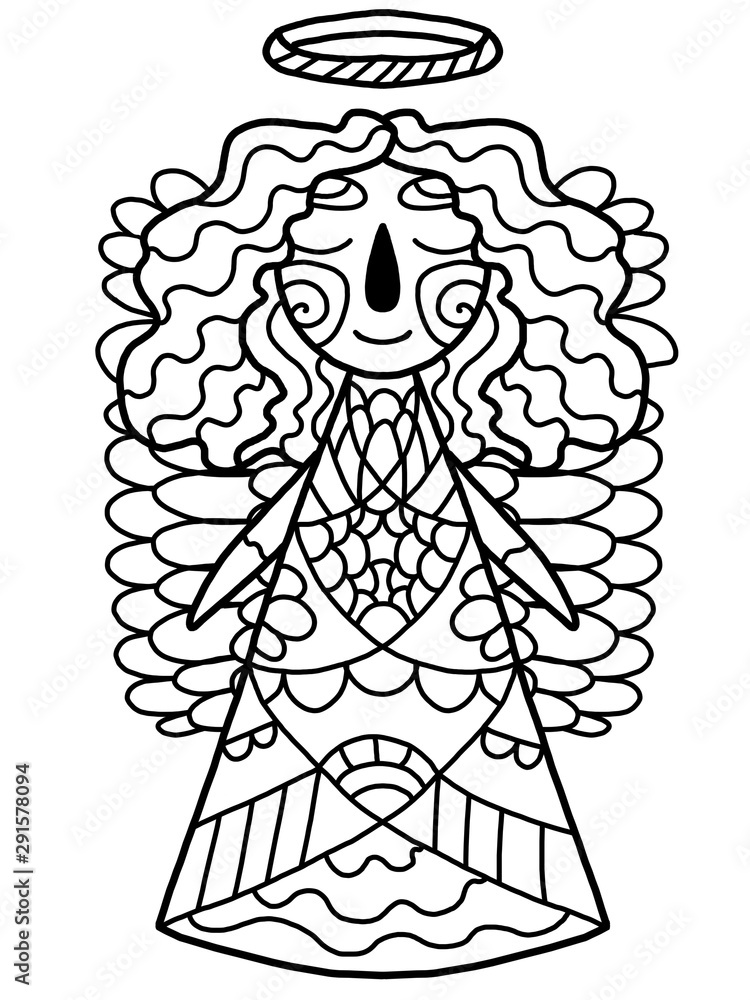 Christmas angel coloring book page. Black and white colorless illustration. Simple happy angel coloring page for children and adults. One of a series.