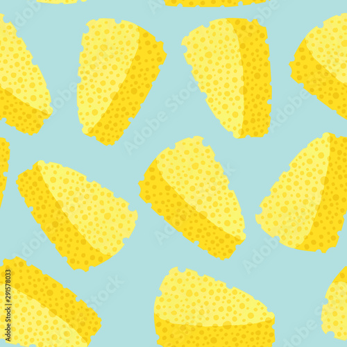 Trianqular cheese pieces seamless pattern. Repeat endless food illustration. Textured light blue and yellow illustration. 