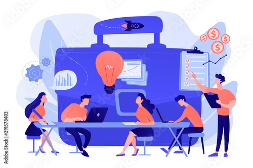 Colleagues meeting. Team brainstorming. Corporate training. Business briefing, teamwork task discussion, business strategy communication concept. Living coral blue vector isolated illustration