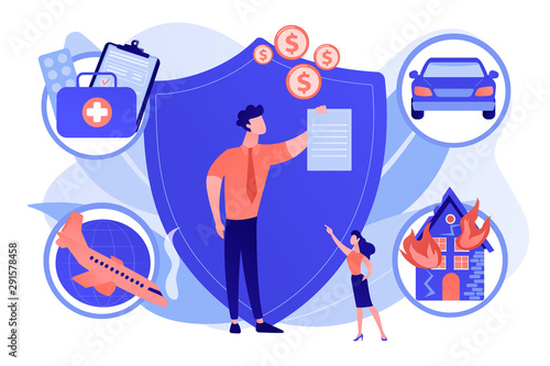 Private property, transport and life protection. Insurance broker, insurance brokerage services, insurance agent near you concept. Living coral blue vector isolated illustration