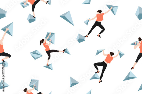 Climbers on a wall in the gym. Seamless background flat style vector illustration.