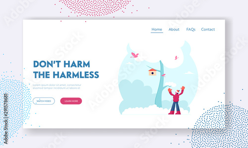 Winter Spring Time Outdoors Activity Website Landing Page. Happy Little Boy Stand under Tree with Birdhouse Hanging on Branch and Birds Flying around. Web Page Banner. Cartoon Flat Vector Illustration