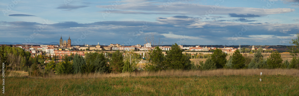 Great panoramic general view of the City of Astorga highlighting the cathedral, Leon, Spain