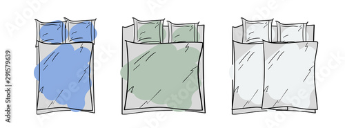 A set of bed linen of different sizes. A simple sketch. Template for demonstrating patterns. Outline drawing of a bed. Sleeping accessories. Vector illustration.