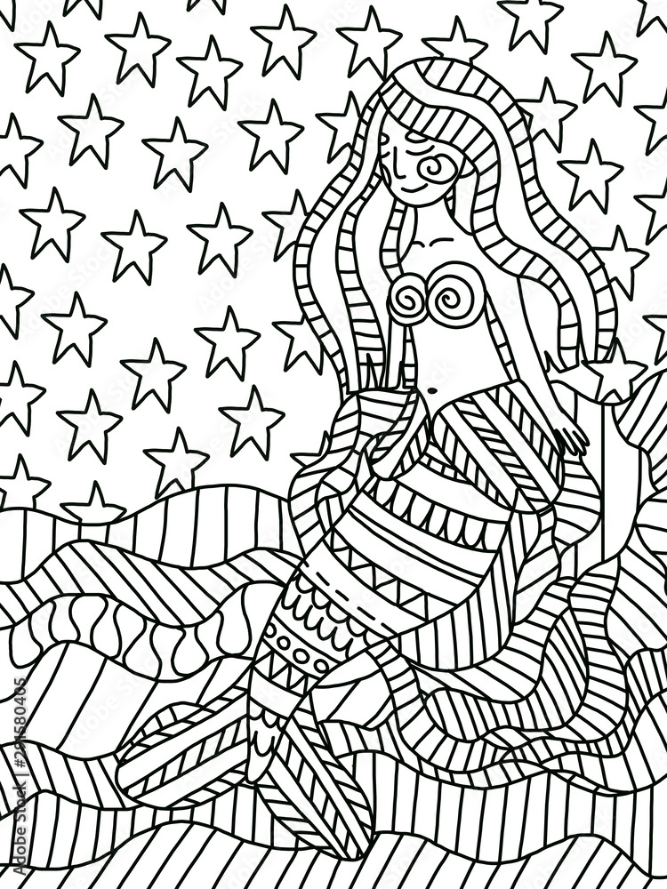 Mermaid with long curle hair sits on a cliff with closed eyes and smiles. Fairytale character coloring book page for children and adults. Outline simple elegant illustration. One of a series.