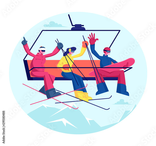 People at Ski Resort Holidays. Skiers and Snowboarder with Equipment Go Up Mountain Funicular. Group of Friends Sportsmen Having Fun and Winter Time Outdoor Activity Cartoon Flat Vector Illustration