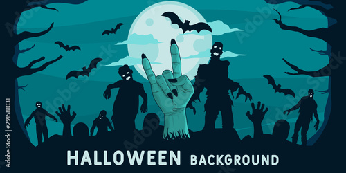 Unique and Trendy Halloween Banner or Poster with Zombie Hand Coming Out of the Ground. Unique and Trendy Banner or Poster Background For Your Unique Design.