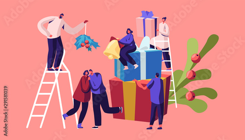 Winter Festive Season, Christmas Holidays Celebrating Concept. Tiny People Characters Decorate Home, Prepare Presents, Kiss under Mistletoe Brunch. Xmas Celebration Cartoon Flat Vector Illustration