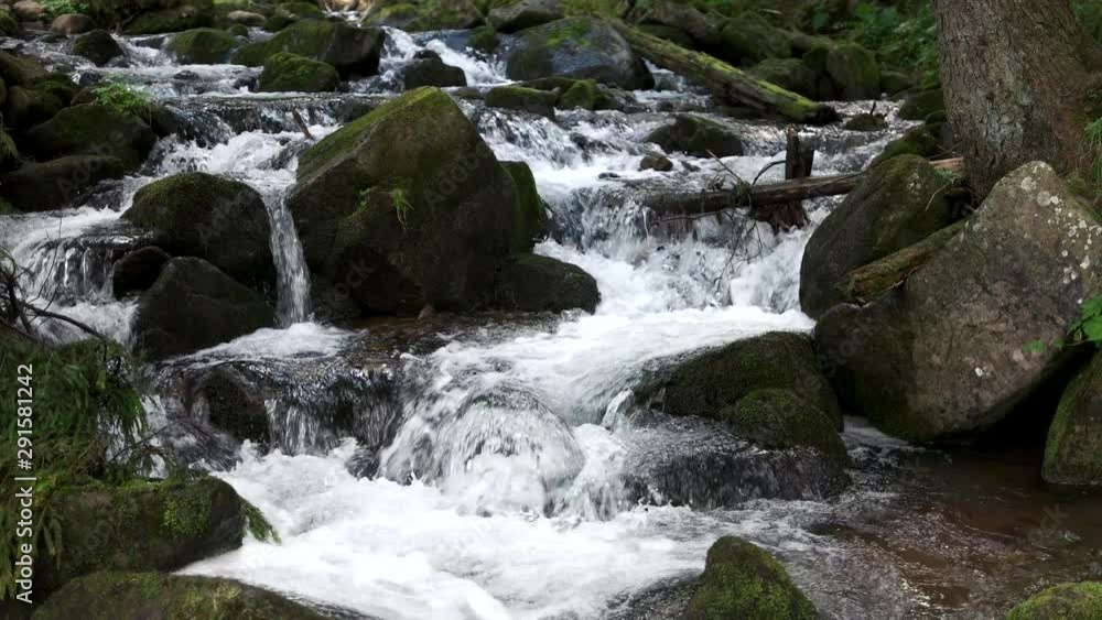 Stream flows among stones in mountain. Mountain river with stones in the forest. Stream flows among stones in mountain. Mountain river with stones in the forest.