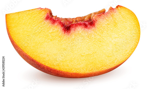 Isolated peach. Slice of ripe peach fruit isolated on white background with clipping path