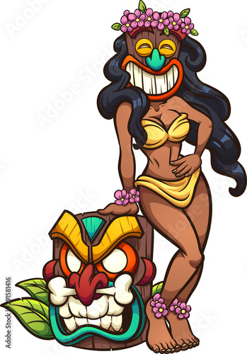 Cartoon tan woman wearing a Tiki mask clip art. Vector illustration with simple gradients. All in a single layer. 