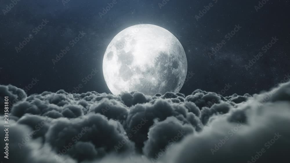 Beautiful realistic flight over cumulus lush clouds in the night moonlight. A large full moon shines brightly on a deep starry night. Cinematic scene. Seamless loop 3d render