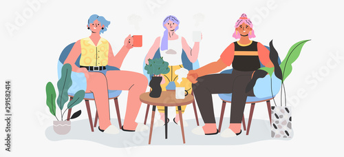 Vector illustration of different young women characters on a group psychological meeting supporting each other, talking about their problems and drinking tea in an informal setting with psychologist.