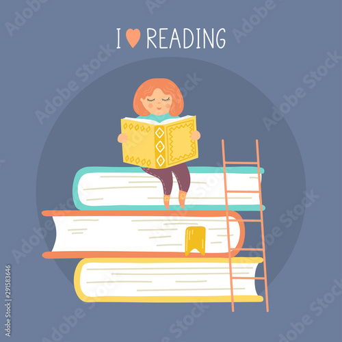 I love reading Toddler girl reading book sitting on stack of books. Vector illustration. 