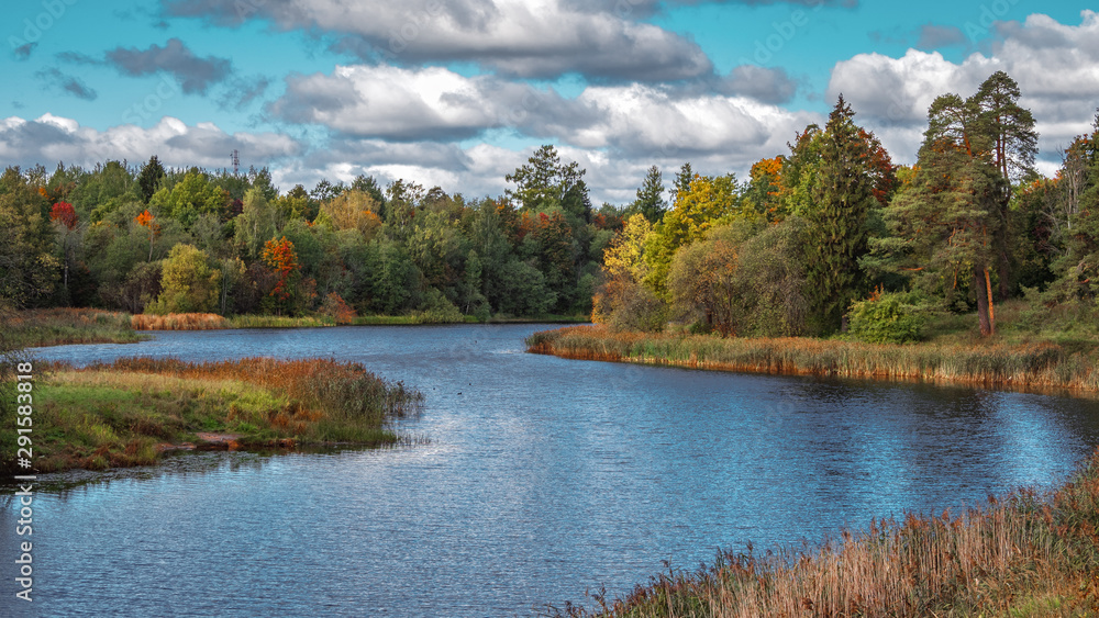 Autumn panoramic landscape with river. Winding river in autumn. Autumn panoramic landscape with river. Winding river in autumn.