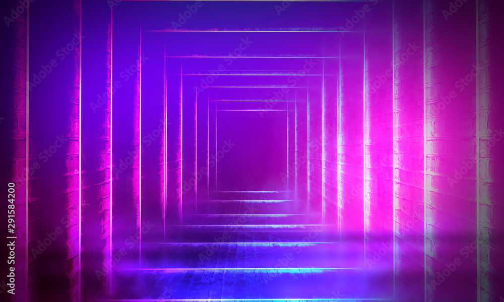Empty scene in ultraviolet with rays and neon light. Abstract background, tunnel, room, corridor.
