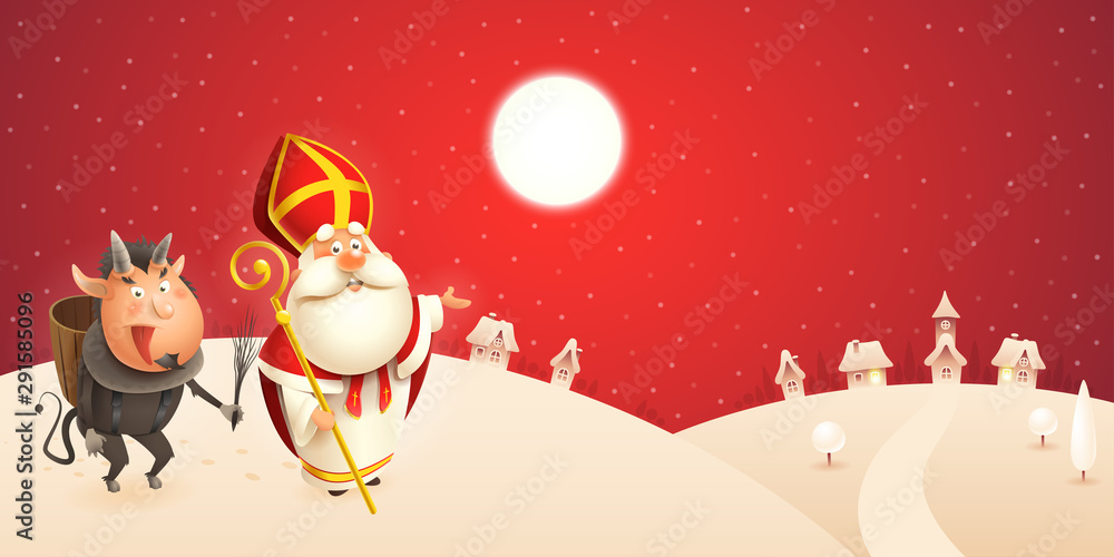 Saint Nicholas and Krampus are coming to town - winter scene - red night background Saint Nicholas and Krampus are coming to town - winter scene - red night background
