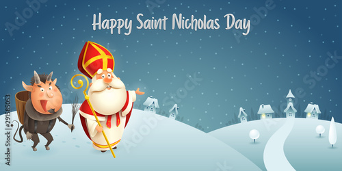 Saint Nicholas and Krampus are coming to town - winter scene - dark night background