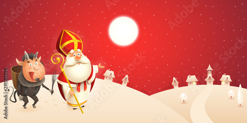 Saint Nicholas and Krampus are coming to town - winter scene - red night background
