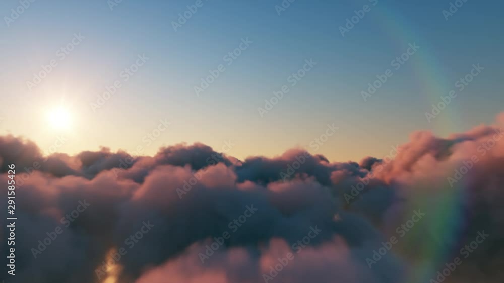 Beautiful realistic flight over cumulus lush clouds at sunset