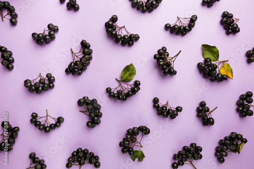 Ripe aronia berries on pink background, top view. Aronia, commonly known as the black chokeberry photo