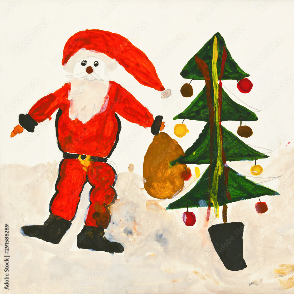 Children's watercolor drawing: funny Santa with christmas tree ...