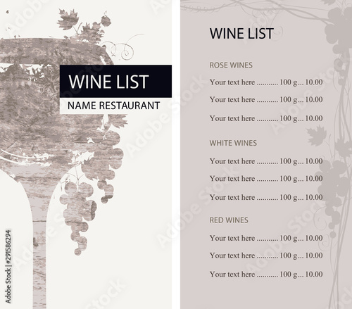 Vector wine list for restaurant with price list patterned by wine glass with wooden board texture on the light background