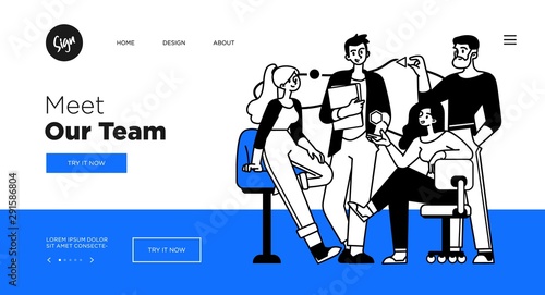 Presentation slide template or landing page website design. Business concept illustrations. Modern flat outline style. Teamwork concept
