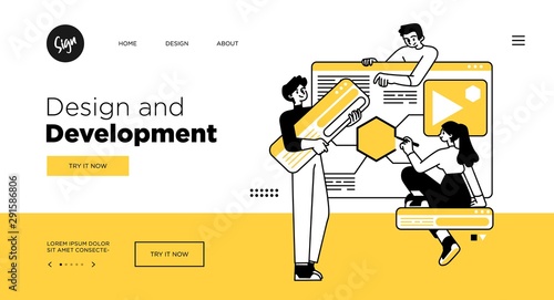 Presentation slide template or landing page website design. Business concept illustrations. Modern flat outline style. Design And Development