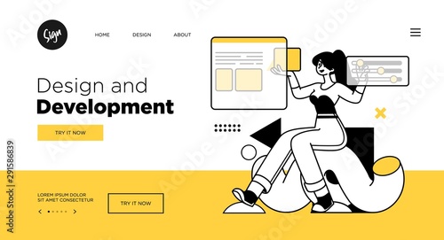 Presentation slide template or landing page website design. Business concept illustrations. Modern flat outline style. Design And Development